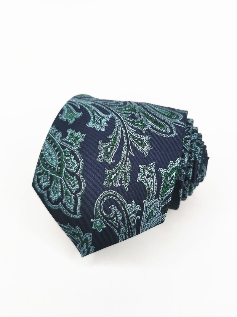 Cravate bleu marine à motif cachemire vert et blanc - DiversoMen