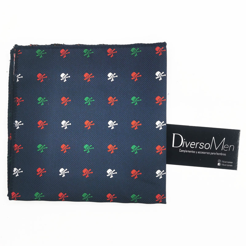 2x1 - Pañuelo azul marino con calaveras piratas rojas, verdes y blancas - DiversoMen