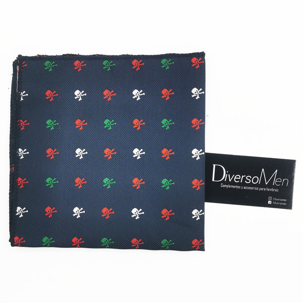 2x1 - Pañuelo azul marino con calaveras piratas rojas, verdes y blancas - DiversoMen