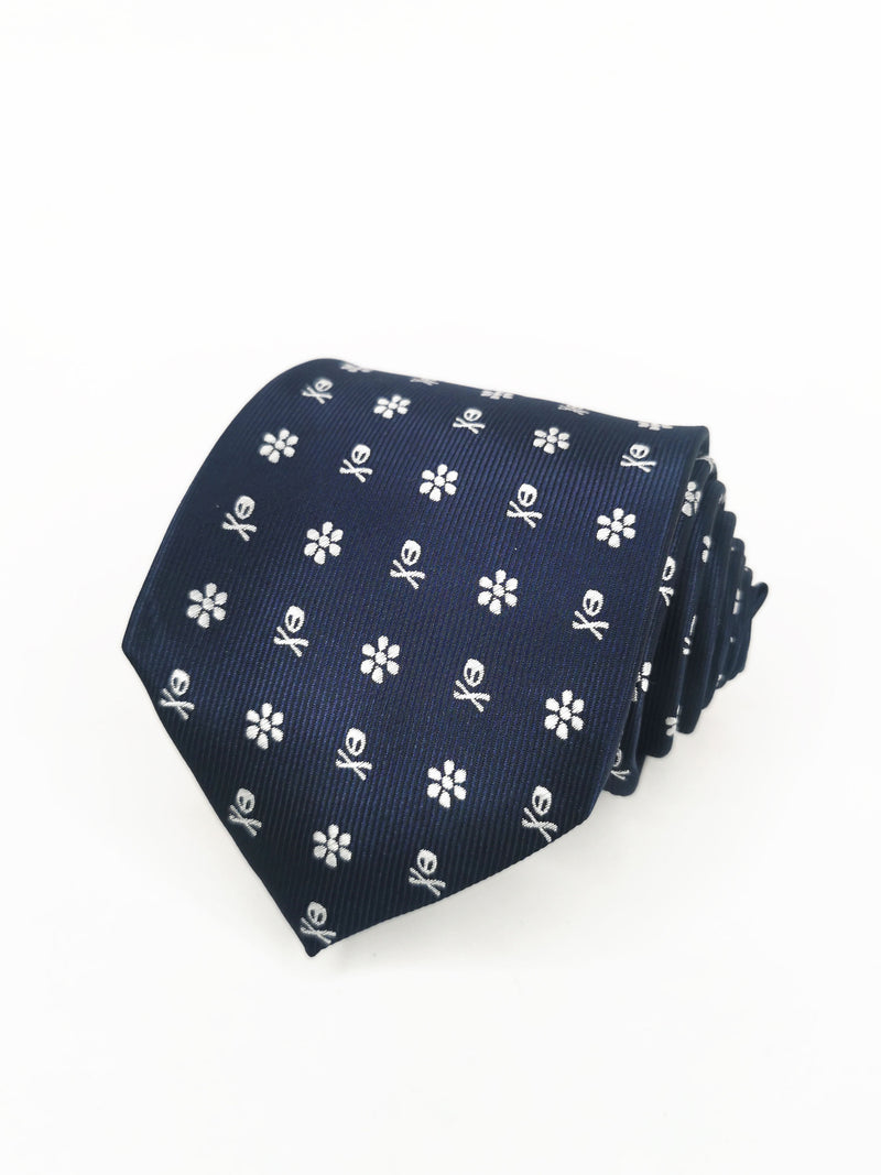 2x1 - Corbata azul marino calaveras piratas y flores blancas - DiversoMen