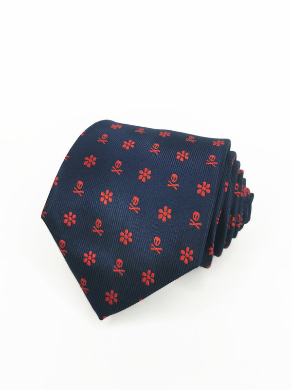 2x1 - Corbata azul marino calaveras piratas y flores rojas - DiversoMen