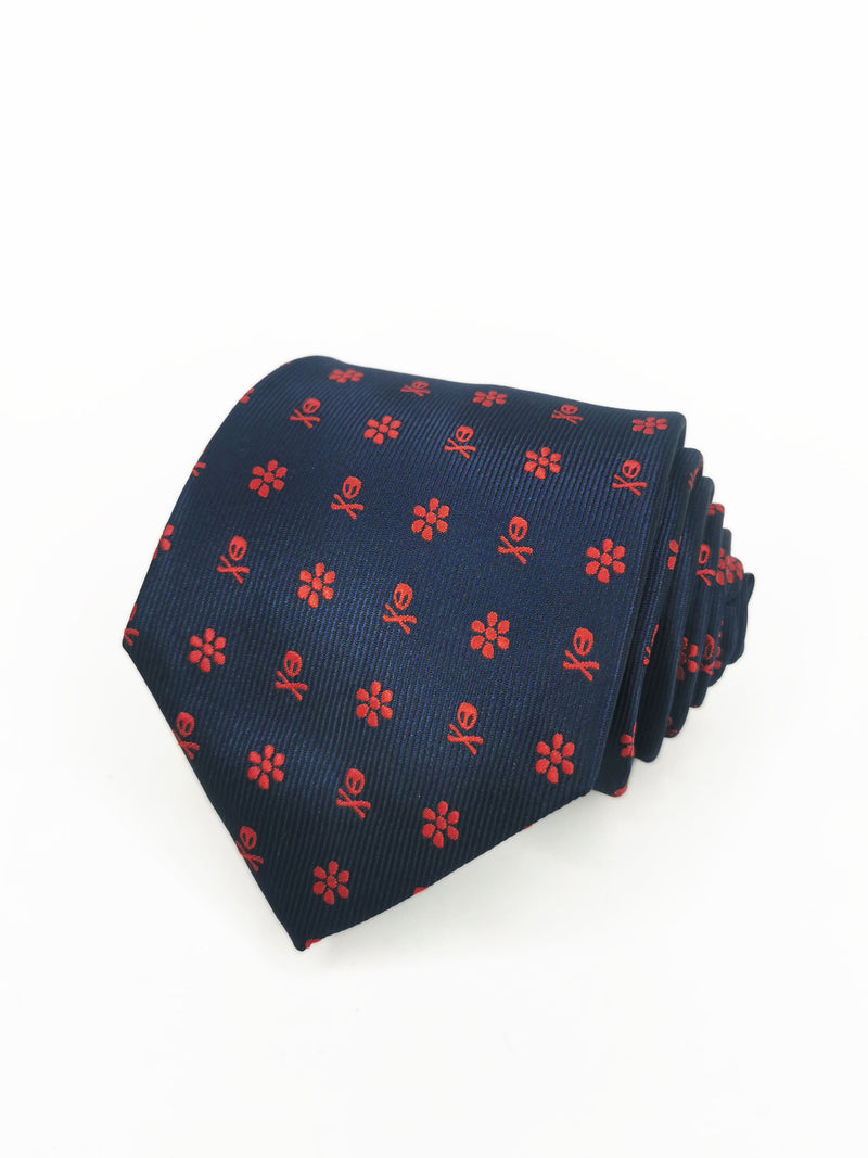 2x1 - Corbata azul marino calaveras piratas y flores rojas - DiversoMen