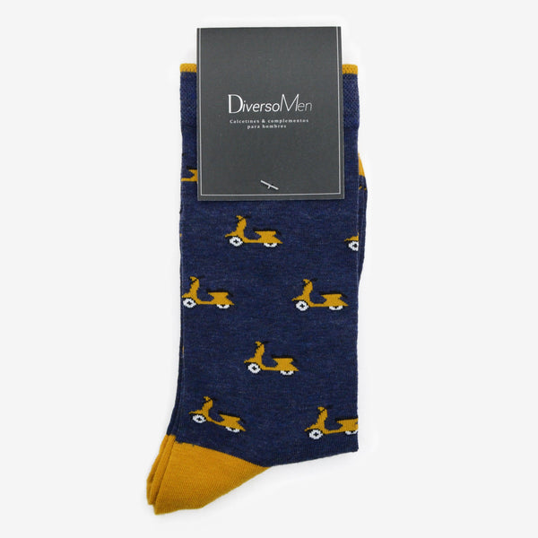 Calcetines azules oscuros con vespas mostaza - DiversoMen