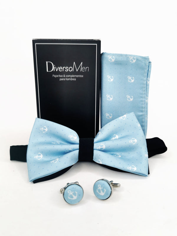 2x1 - Conjunto Pajarita, pañuelo y gemelos celeste con anclas - DiversoMen