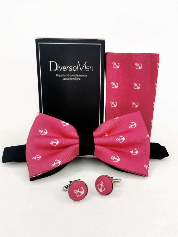 2x1 - Conjunto Pajarita, pañuelo y gemelos rosa fucsia con anclas - DiversoMen