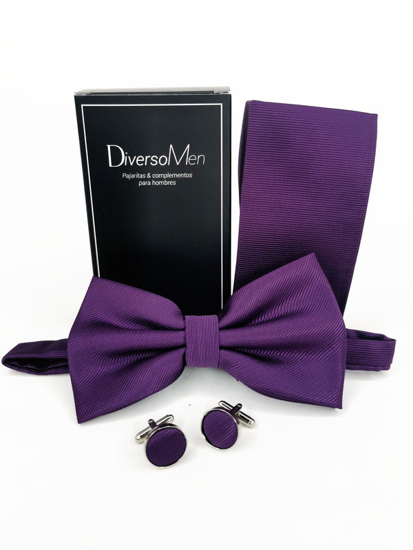 2x1 - Conjunto Pajarita, pañuelo y gemelos morada liso - DiversoMen