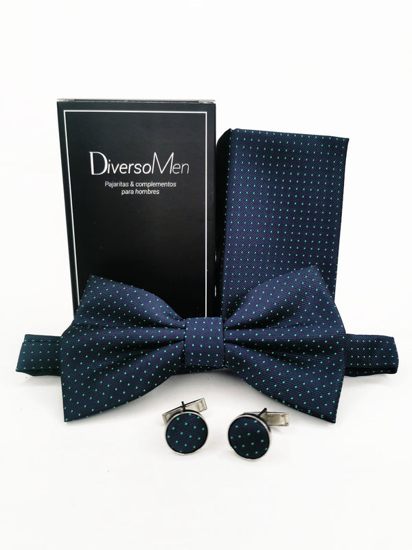 2x1 - Conjunto Pajarita, pañuelo y gemelos azul marino lunares verde agua pequeños - DiversoMen