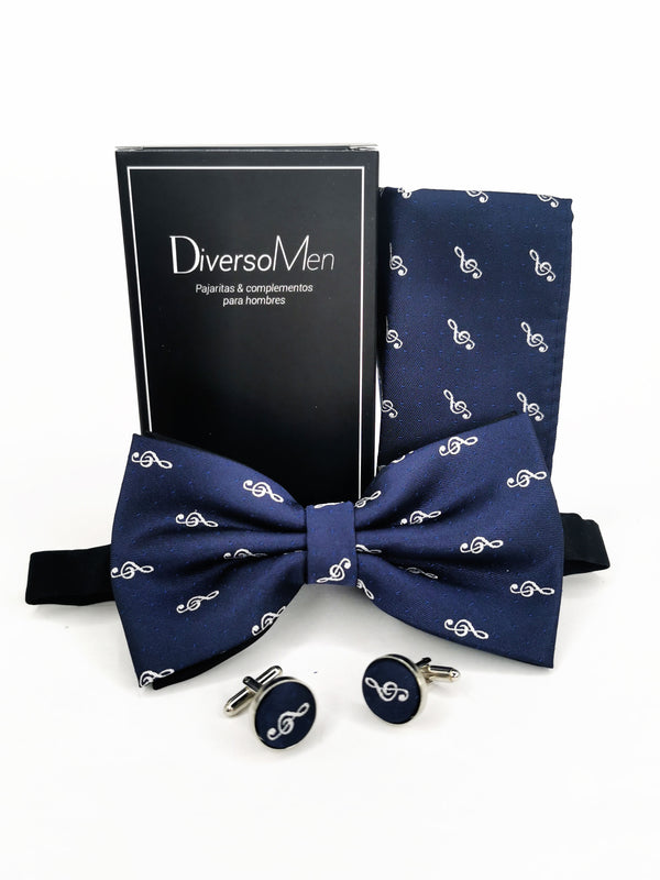 2x1 - Conjunto Pajarita, pañuelo y gemelos azul con clave de sol - DiversoMen