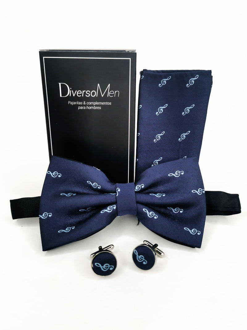 2x1 - Conjunto Pajarita, pañuelo y gemelos azul con clave de sol celeste - DiversoMen