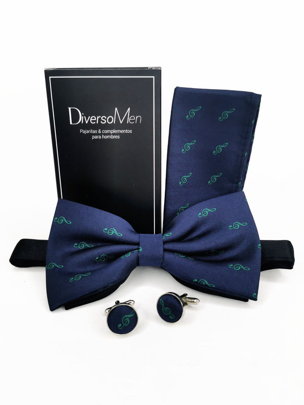 2x1 - Conjunto Pajarita, pañuelo y gemelos azul con clave de sol verde - DiversoMen