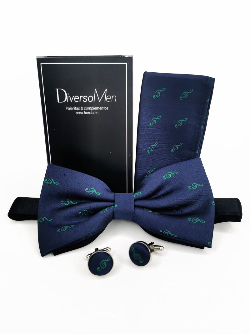 2x1 - Conjunto Pajarita, pañuelo y gemelos azul con clave de sol verde - DiversoMen