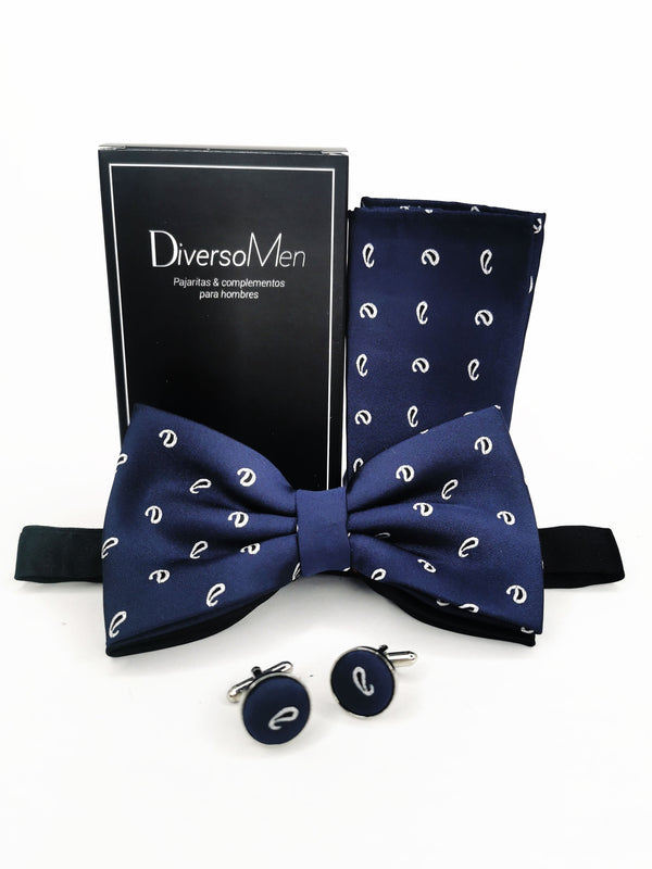 2x1 - Conjunto Pajarita, pañuelo y gemelos azul marino con gotas - DiversoMen
