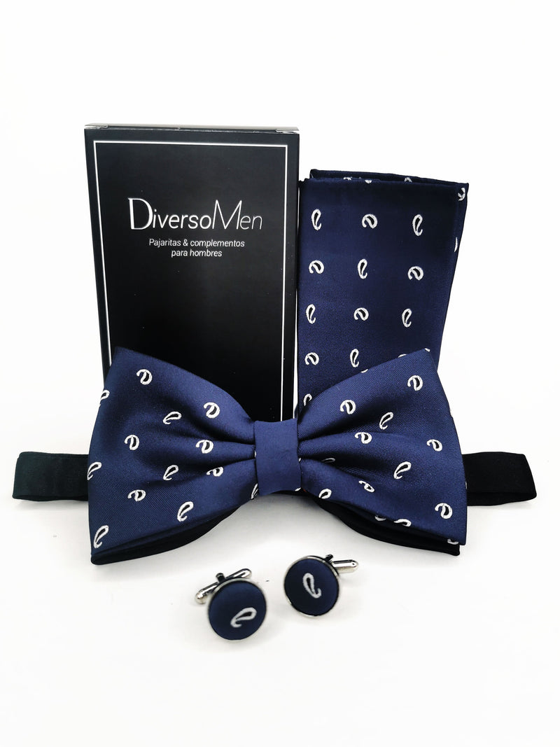2x1 - Conjunto Pajarita, pañuelo y gemelos azul marino con gotas - DiversoMen