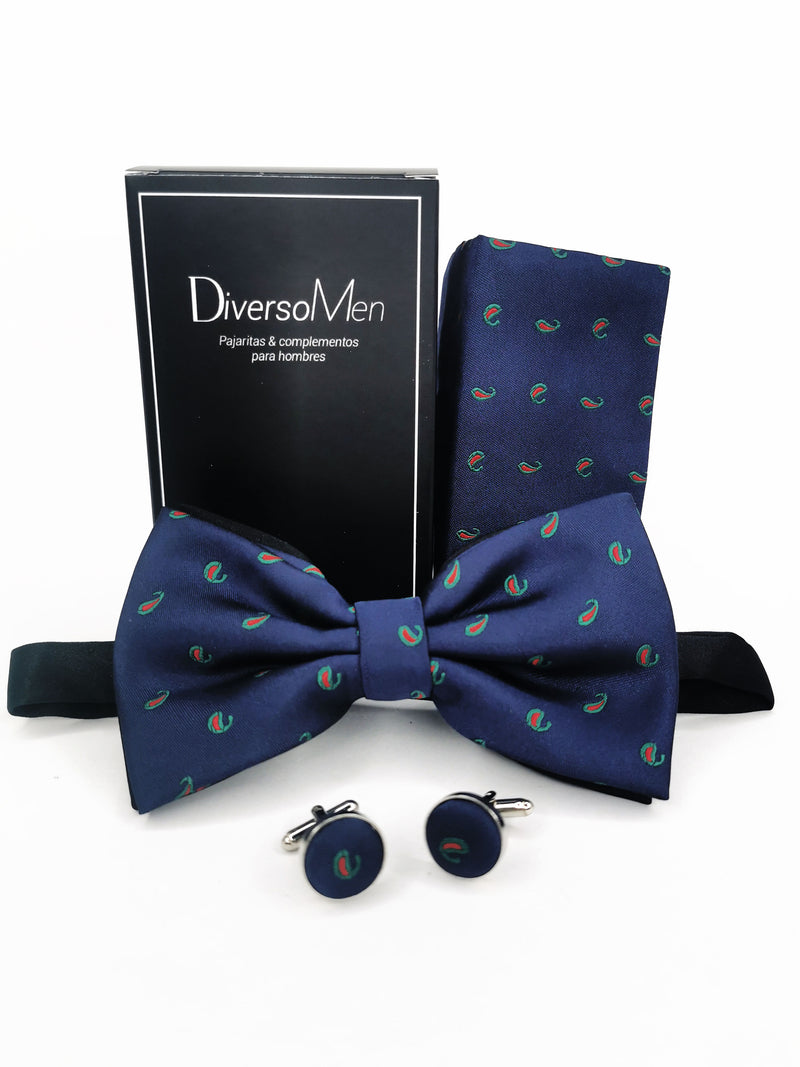 2x1 - Conjunto Pajarita, pañuelo y gemelos azul marino con gotas verde y roja - DiversoMen