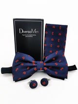 2x1 - Conjunto Pajarita, pañuelo y gemelos azul marino con gotas rojas - DiversoMen