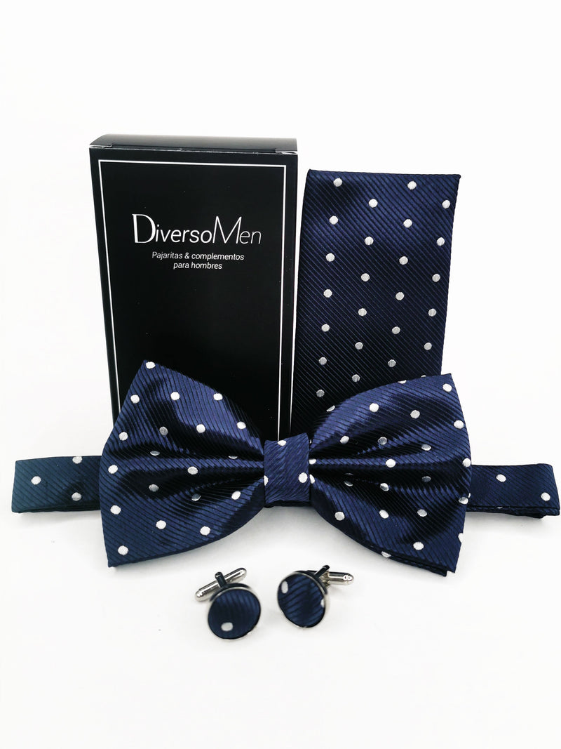 2x1 - Conjunto Pajarita, pañuelo y gemelos azul marino lunares blancos medianos - DiversoMen
