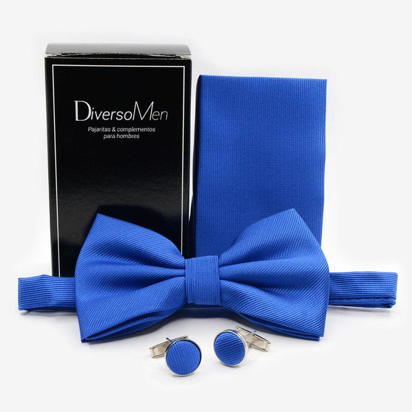 Conjunto Pajarita, pañuelo y gemelos azul liso - DiversoMen