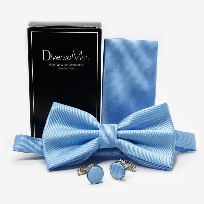 Conjunto Pajarita, pañuelo y gemelos celeste liso - DiversoMen