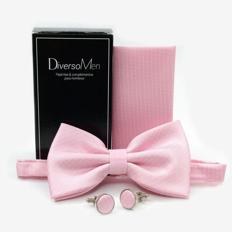 Conjunto Pajarita, pañuelo y gemelos rosa lunares blancos pequeños - DiversoMen
