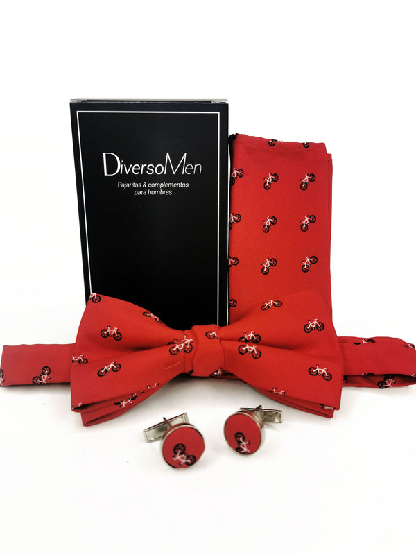 2x1 - Conjunto Pajarita, pañuelo y gemelos rojo con bicicletas - DiversoMen