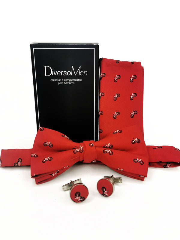 2x1 - Conjunto Pajarita, pañuelo y gemelos rojo con bicicletas - DiversoMen