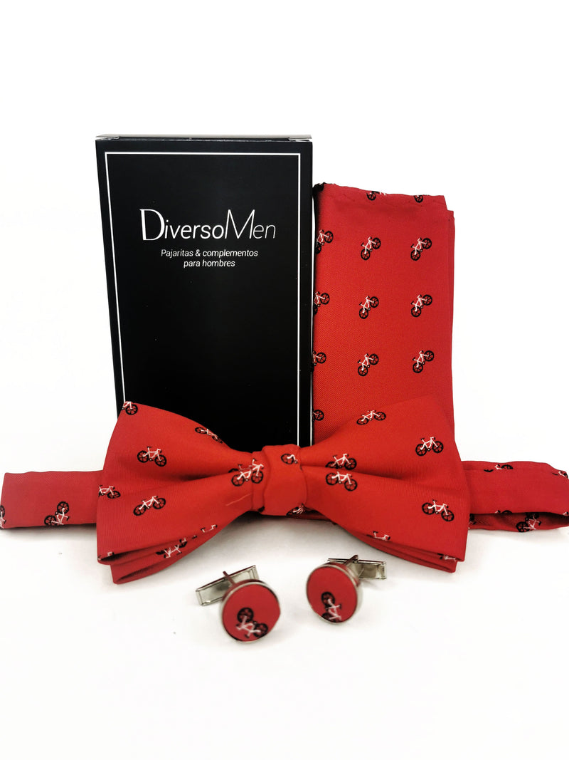 2x1 - Conjunto Pajarita, pañuelo y gemelos rojo con bicicletas - DiversoMen