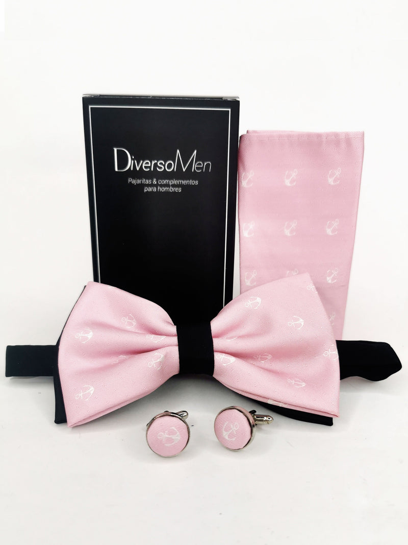 2x1 - Conjunto Pajarita, pañuelo y gemelos rosa con anclas - DiversoMen