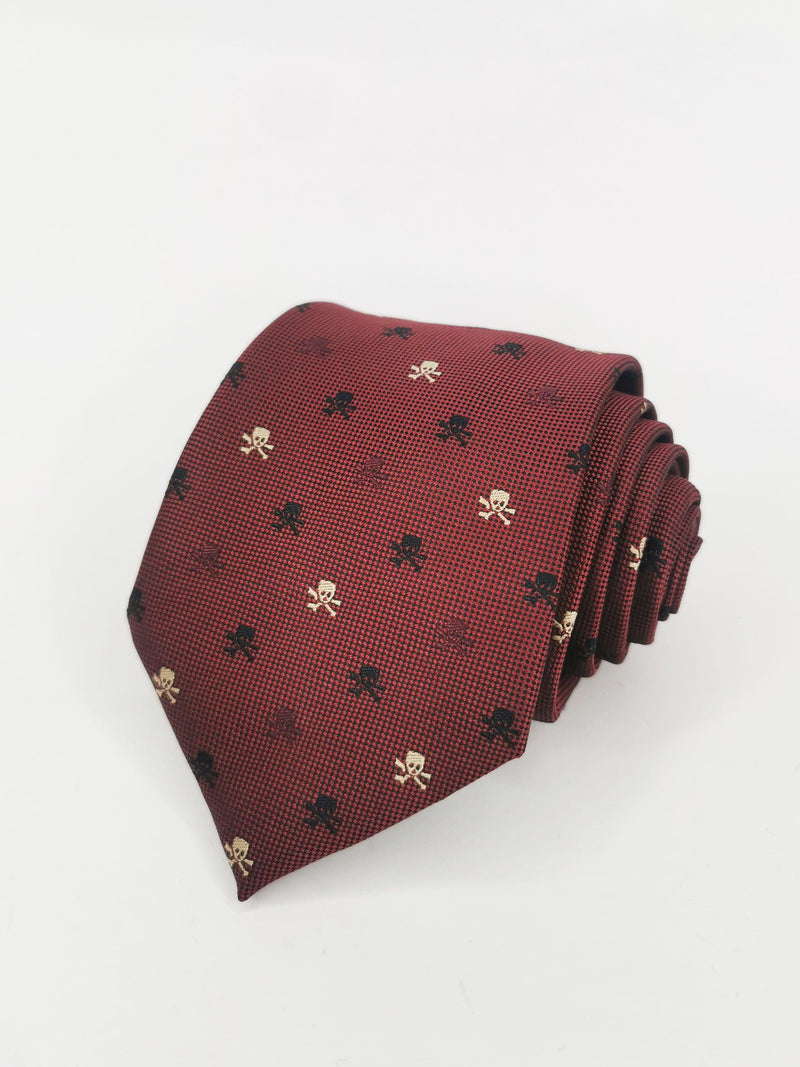 Corbata burdeos con calaveras piratas negras y beige - DiversoMen