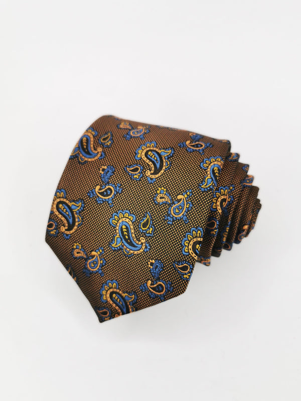 Corbata marrón brillante con cachemir celeste y dorado - DiversoMen