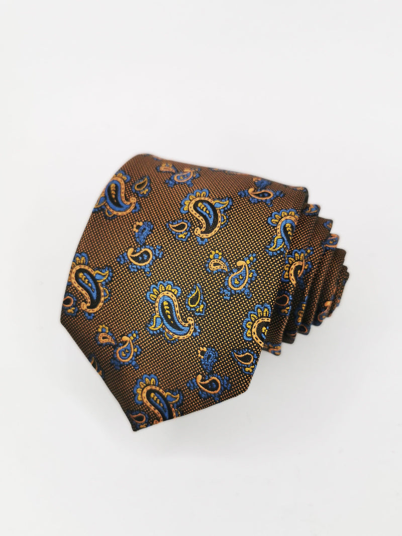 Corbata marrón brillante con cachemir celeste y dorado - DiversoMen