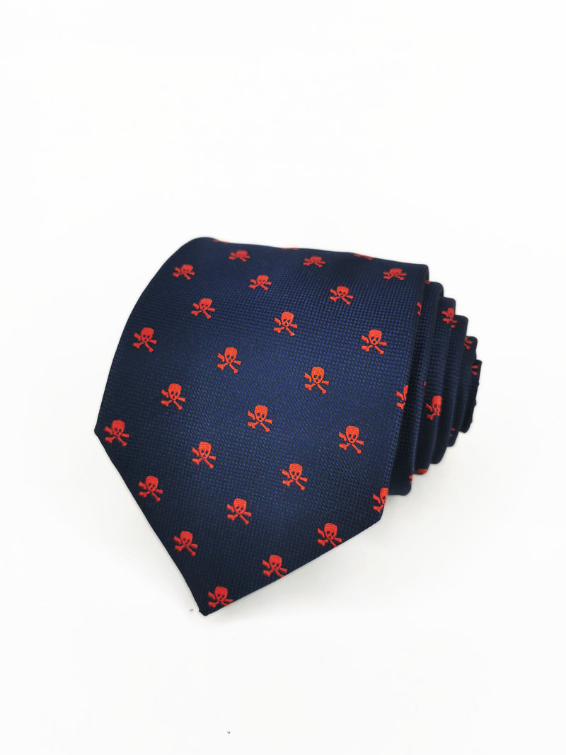2x1 - Corbata azul marino con calaveras piratas rojas - DiversoMen