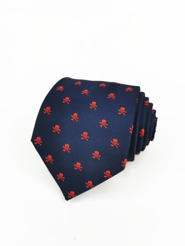 2x1 - Corbata azul marino con calaveras piratas rojas - DiversoMen