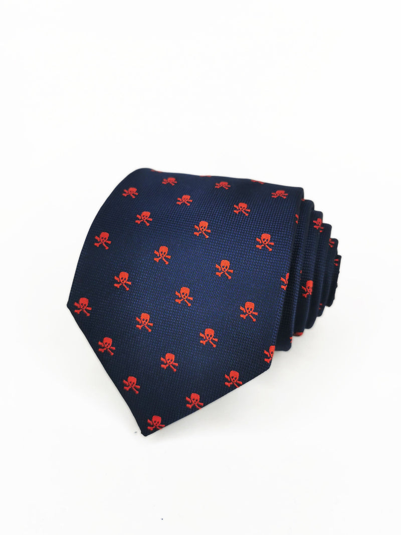 2x1 - Corbata azul marino con calaveras piratas rojas - DiversoMen