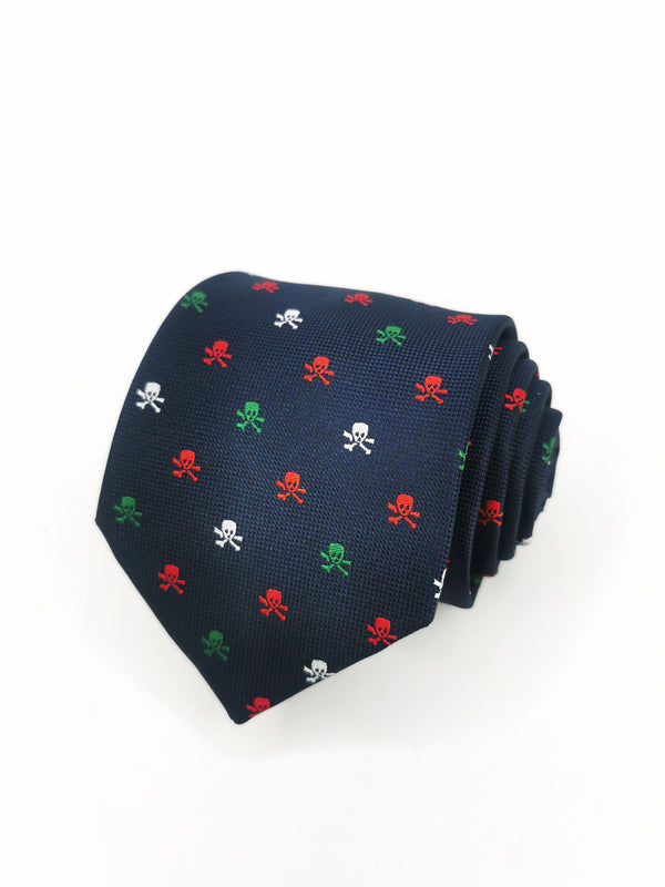 2x1 - Corbata azul marino con calaveras piratas rojas, verdes y blancas - DiversoMen