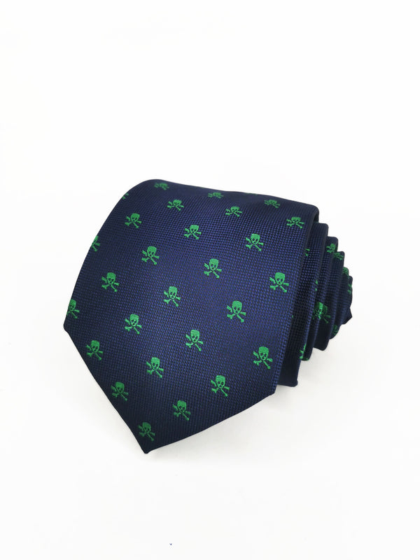 2x1 - Corbata azul marino con calaveras piratas verdes - DiversoMen