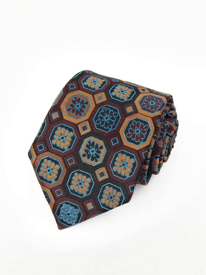 2x1 - Corbata marron con rosetas tonos azules y ocres - DiversoMen
